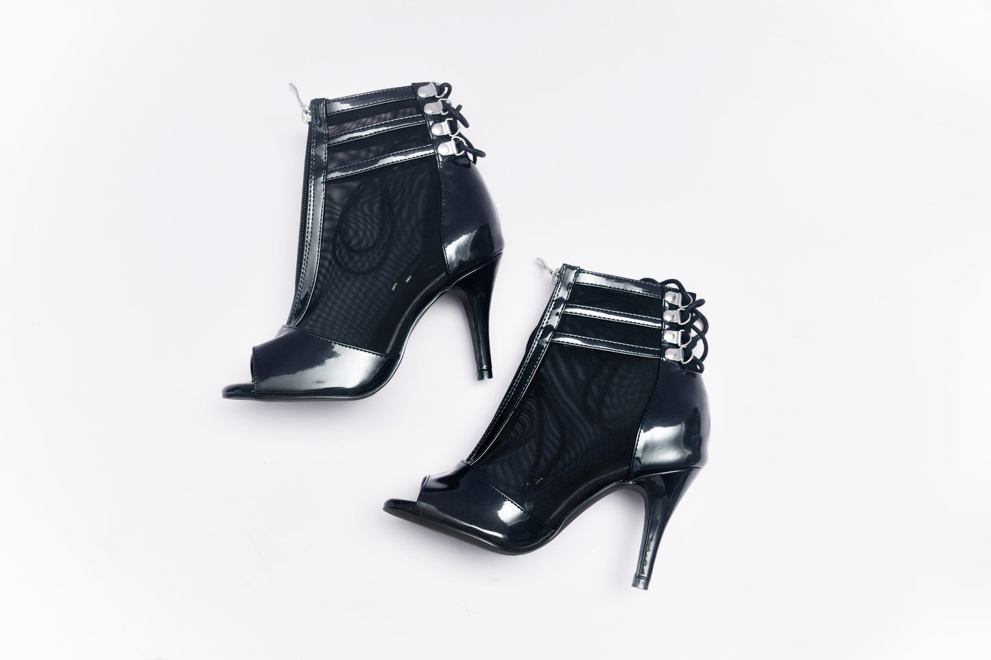 Vixen Glossy Lace-Up Open Toe Ankle Stiletto Dance Booties - Black