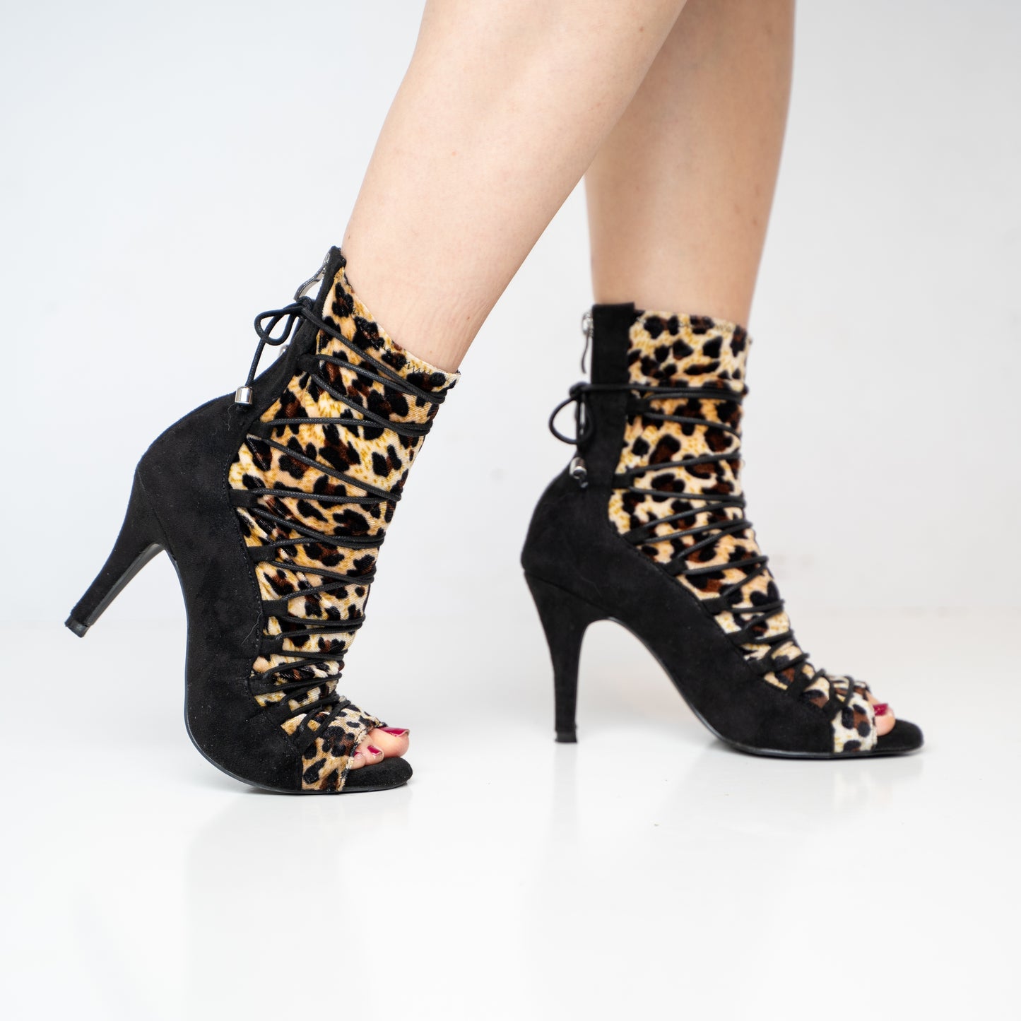 Eva Open Toe Lace Up Sock Bootie Dance Shoes - Cheetah