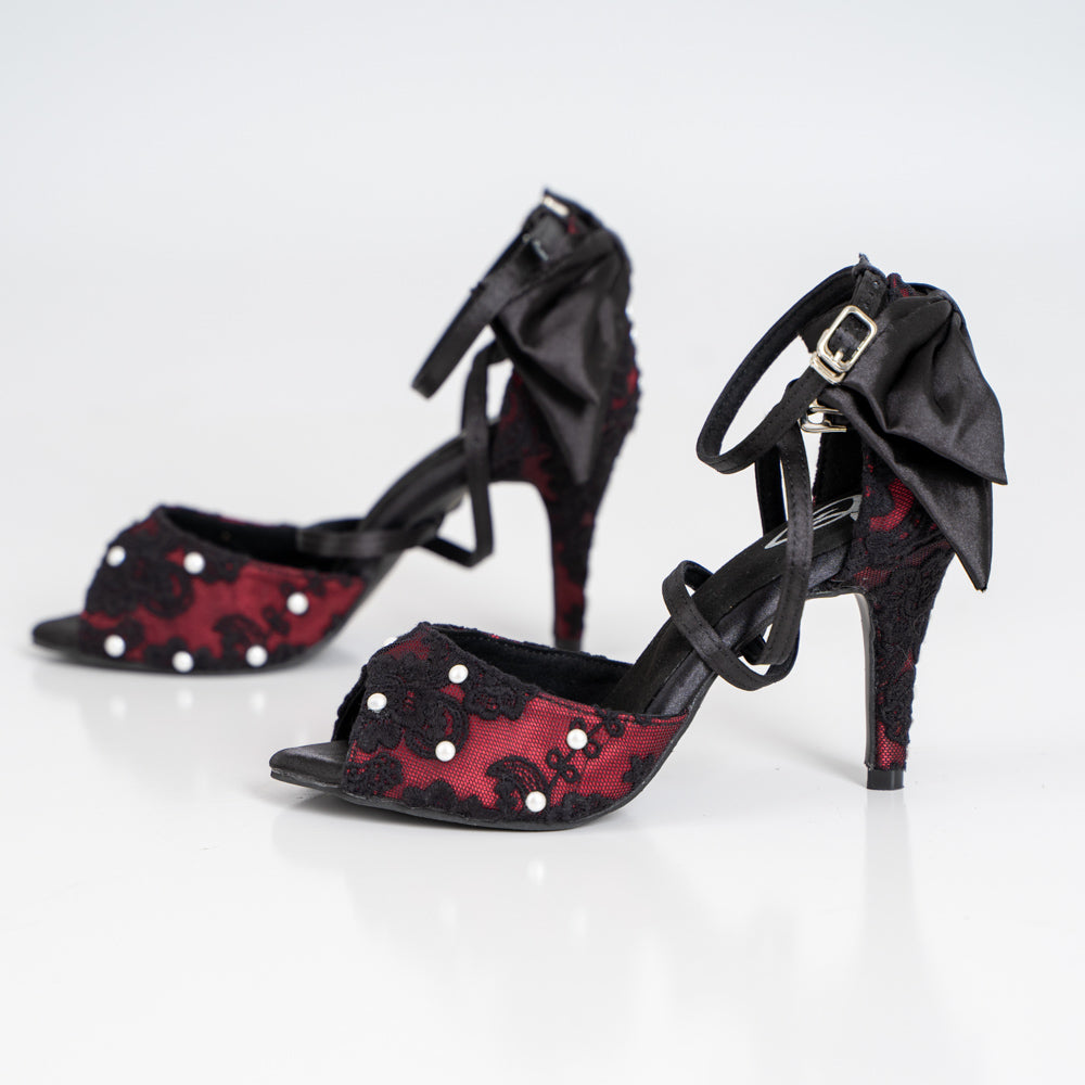 Pearl Bow Tie Dance Shoes - Red satin & black lace