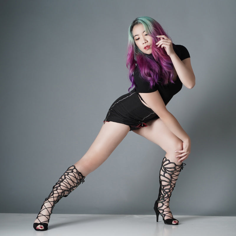 Drama Queen Laceup Rhinestone Boots - Black