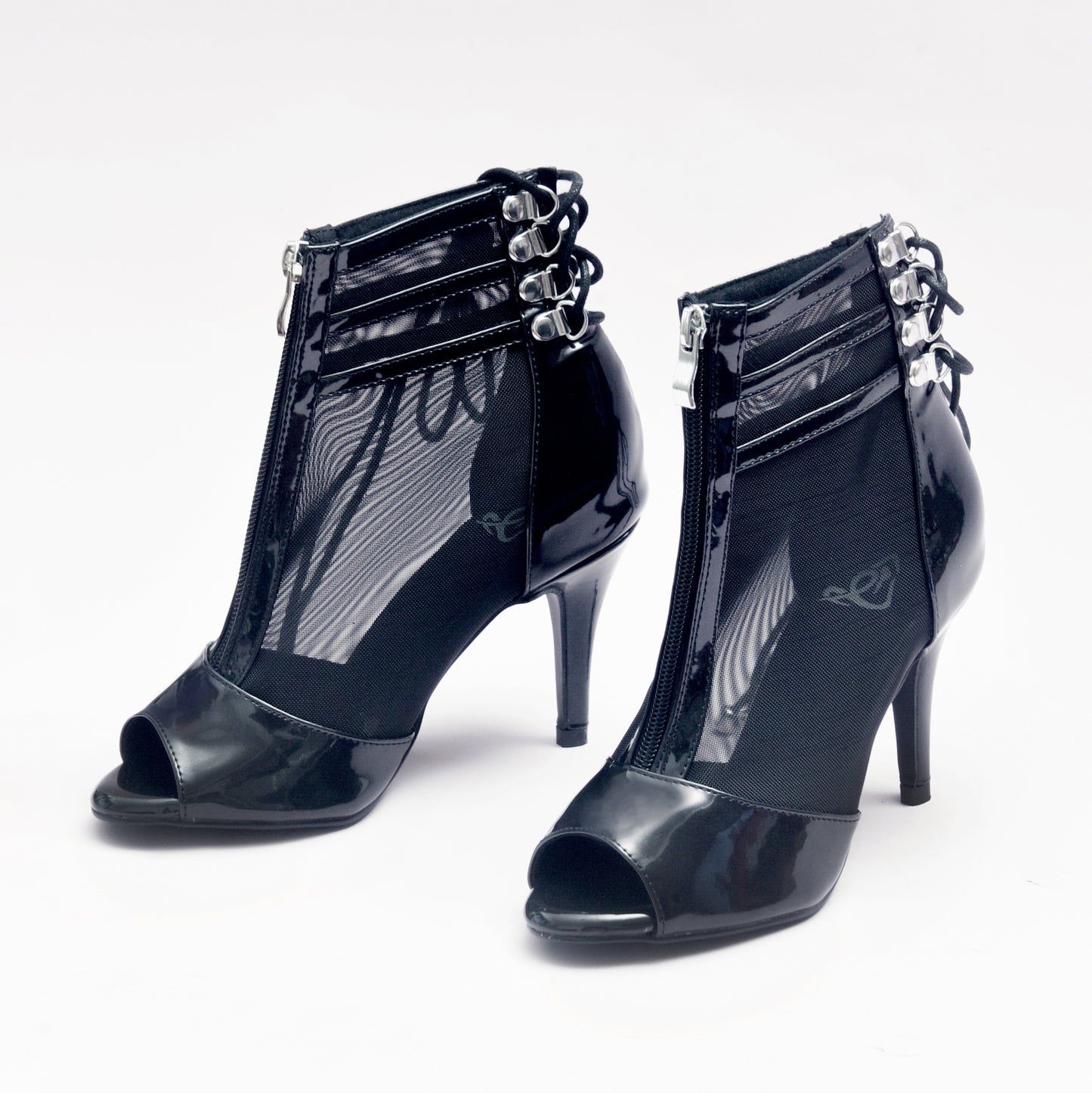 Vixen Glossy Lace-Up Open Toe Ankle Stiletto Dance Booties - Black