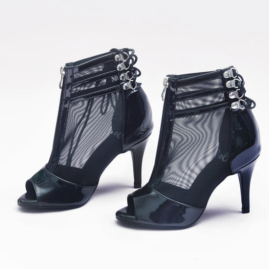 Vixen Glossy Lace-Up Open Toe Ankle Stiletto Dance Booties - Black