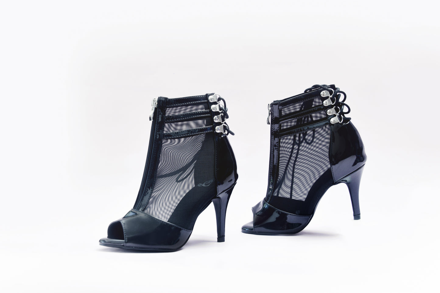 Vixen Glossy Lace-Up Open Toe Ankle Stiletto Dance Booties - Black