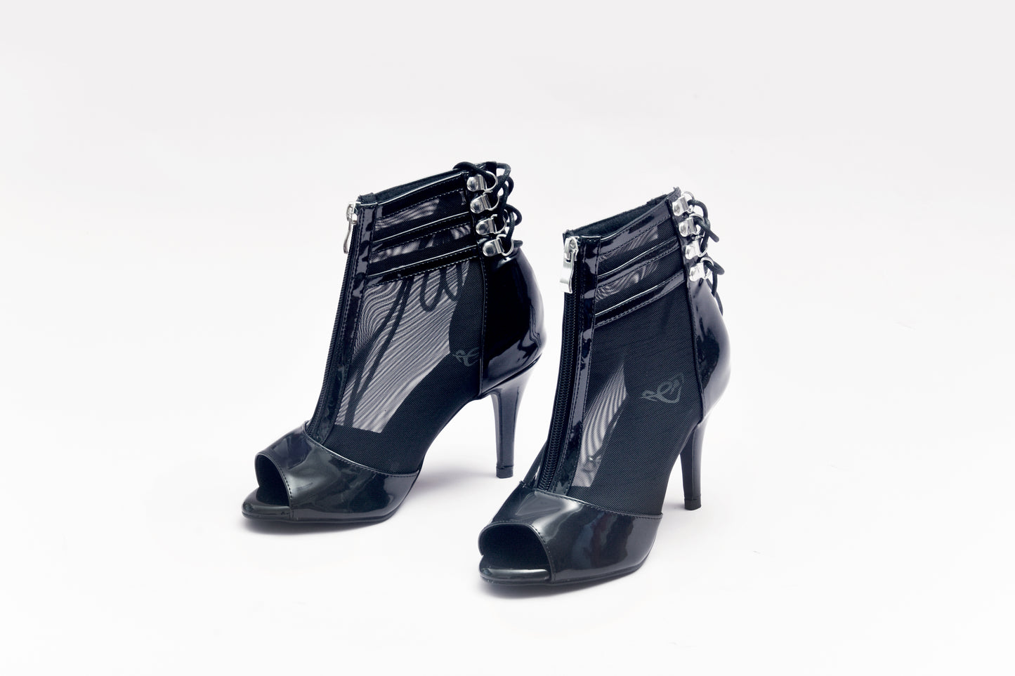 Vixen Glossy Lace-Up Open Toe Ankle Stiletto Dance Booties - Black