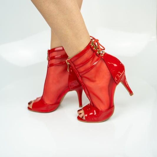 Vixen Glossy Lace-Up Open Toe Ankle Stiletto Dance Booties - Red