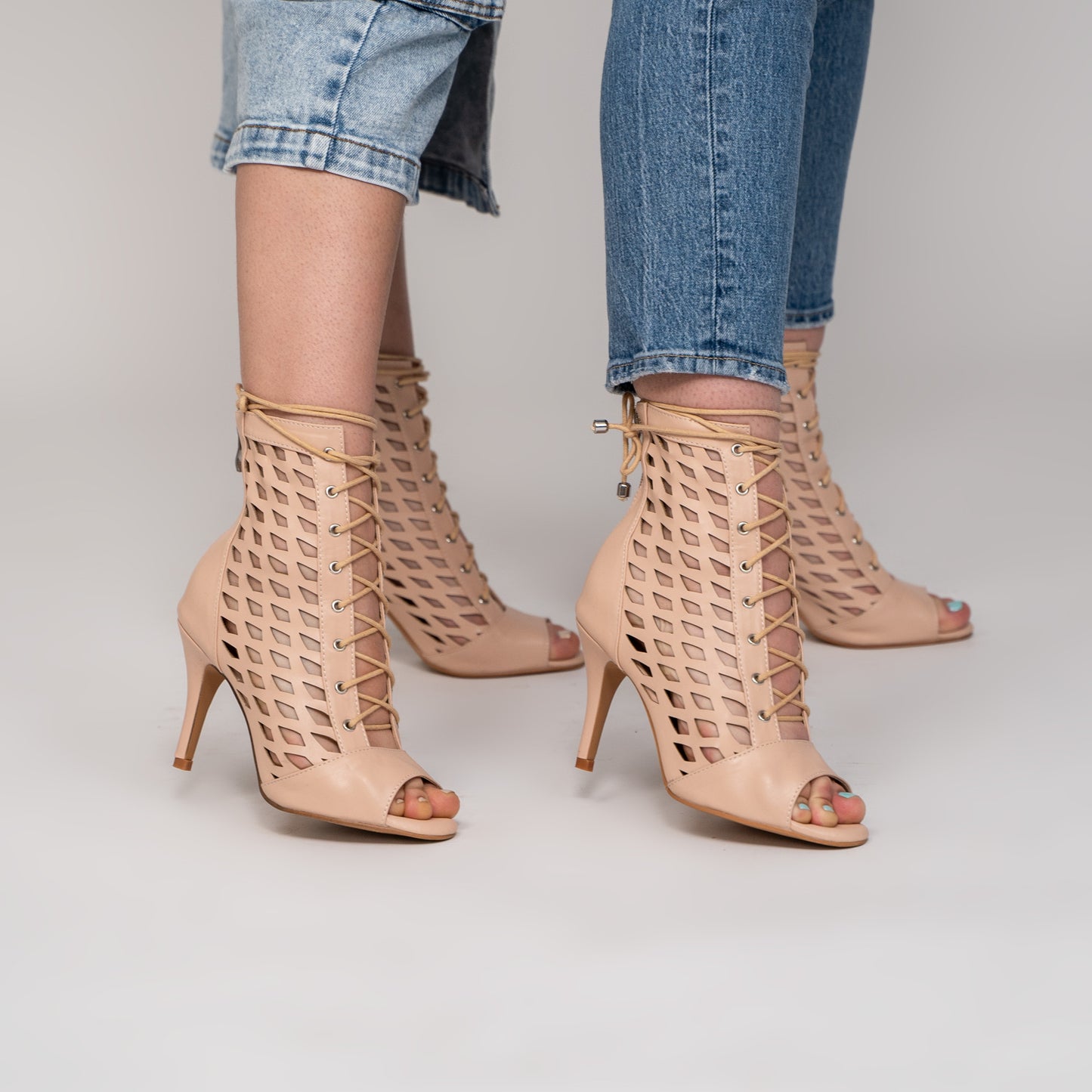 Aveline Open Toe Laceup Bootie Dance Shoes - Beige