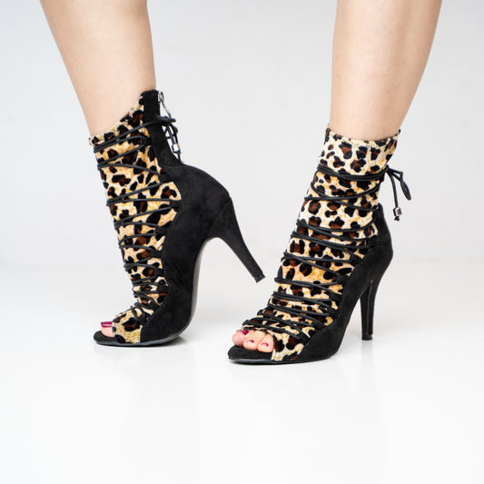 Eva Open Toe Lace Up Sock Bootie Dance Shoes - Cheetah