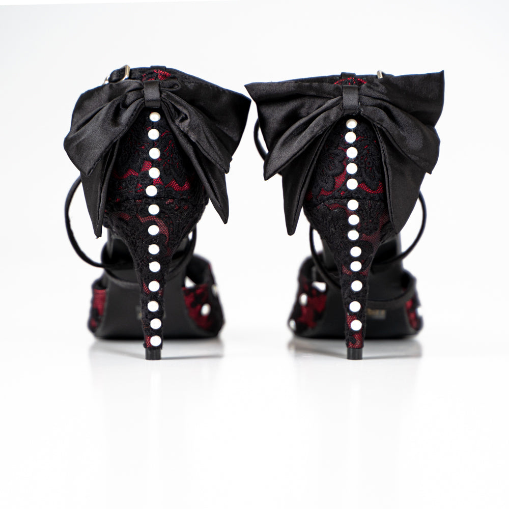 Pearl Bow Tie Dance Shoes - Red satin & black lace
