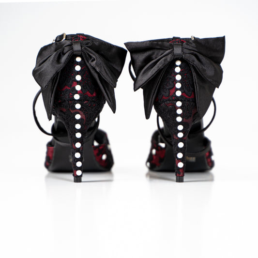 Pearl Bow Tie Dance Shoes - Red satin & black lace