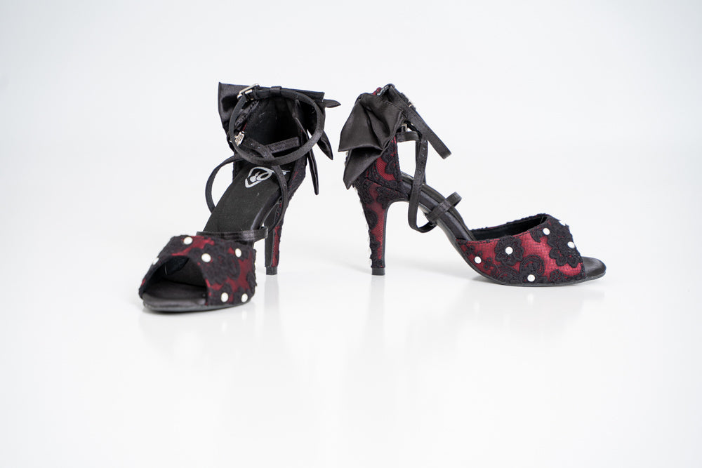 Pearl Bow Tie Dance Shoes - Red satin & black lace