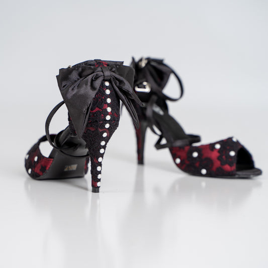 Pearl Bow Tie Dance Shoes - Red satin & black lace