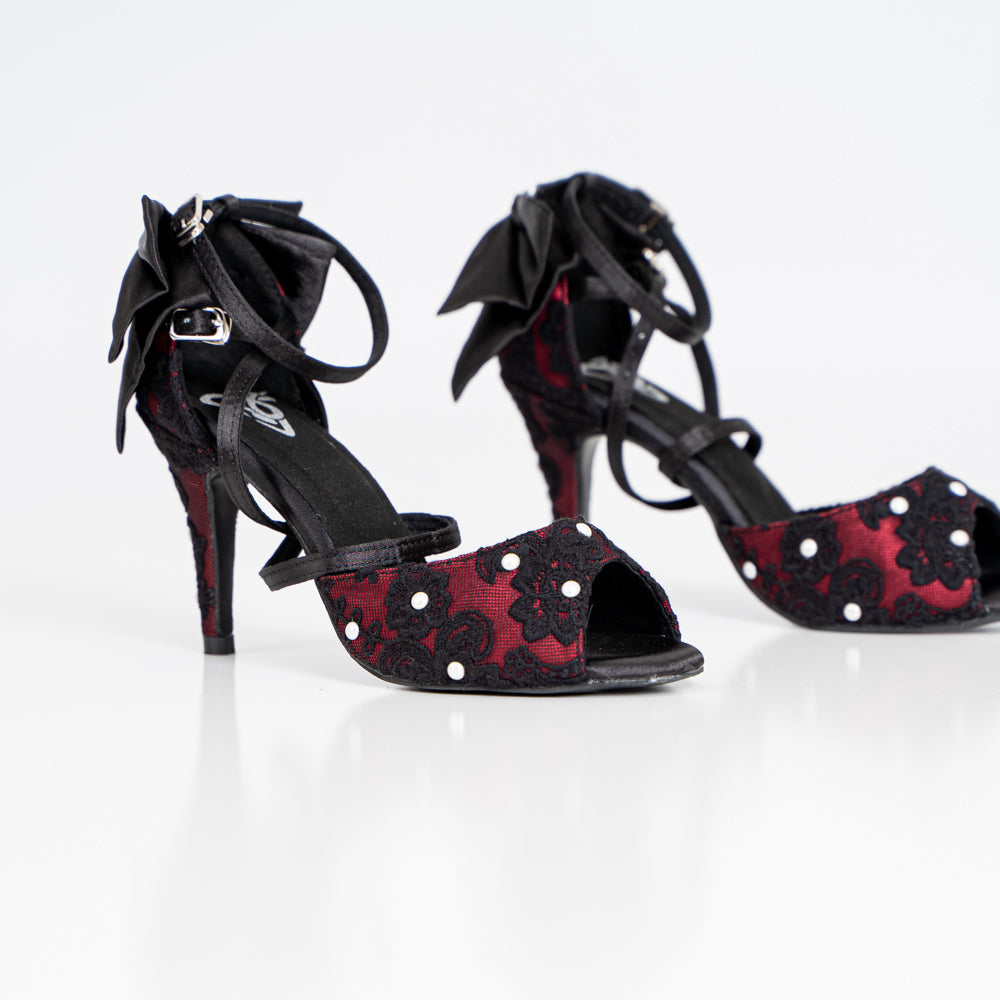 Pearl Bow Tie Dance Shoes - Red satin & black lace