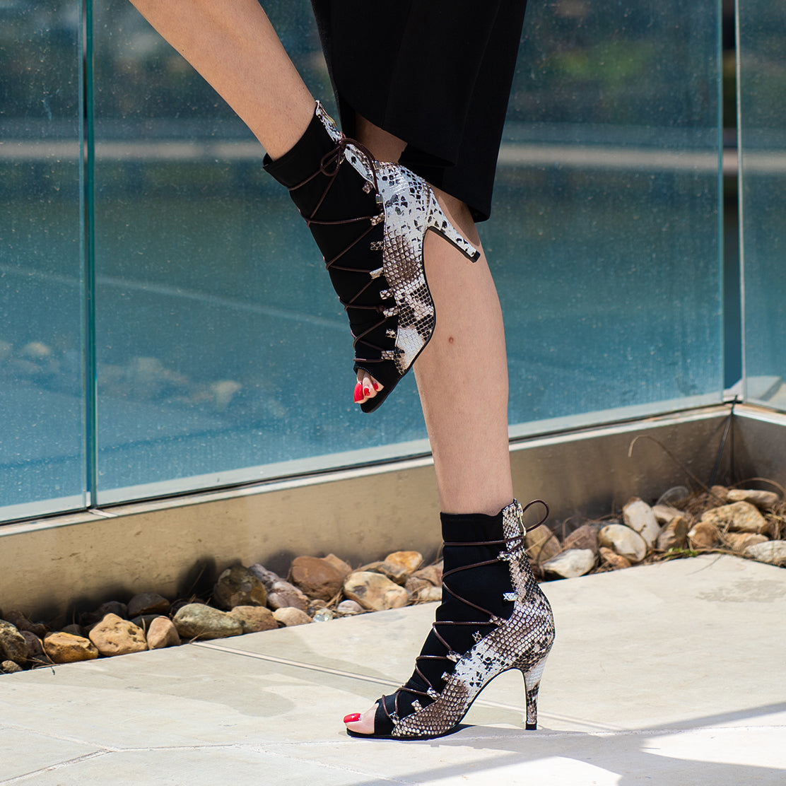 Eva Open Toe Lace Up Sock Bootie Dance Shoes - Snake Print